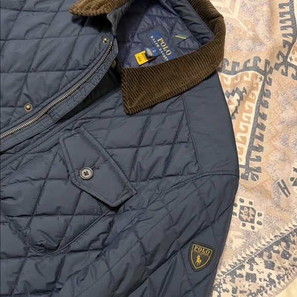 Polo Ralph Lauren Navy Quilted Jacket with Brown Collar - Picture 4 of 6